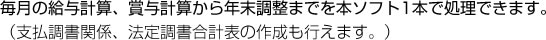 毎月の給与計算、賞与計算から年末調整までを本ソフト1本で処理できます。（支払調書関係、法定調書合計表の作成も行えます。）